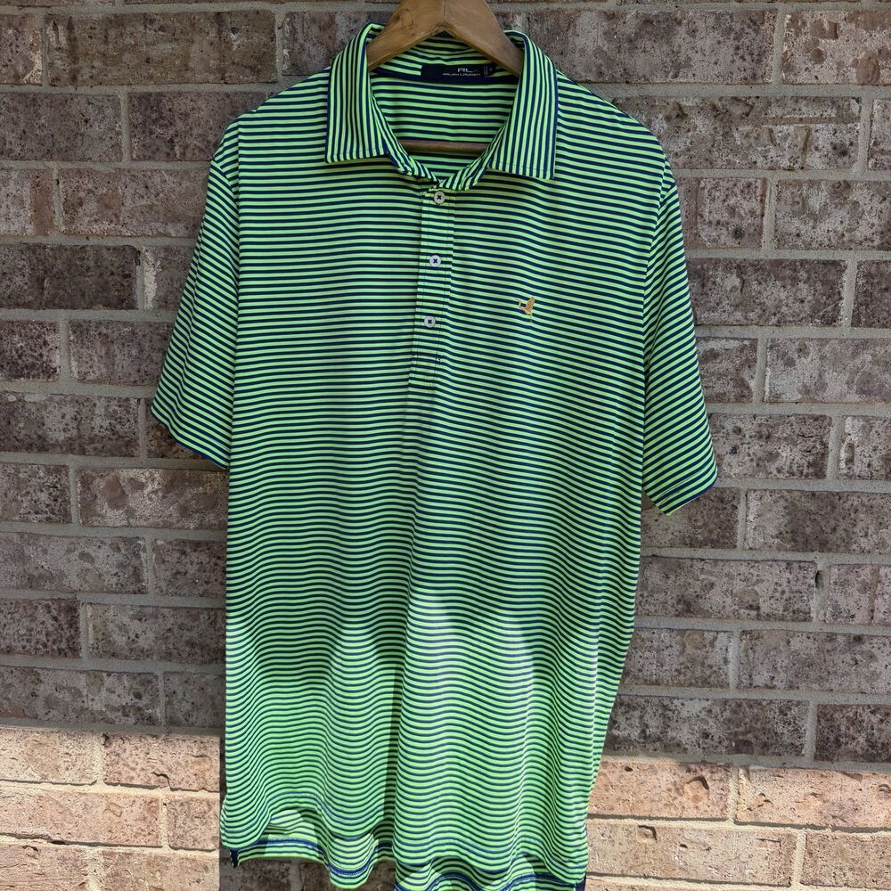 RLX Ralph Lauren Golf Polo Shirt Men XL Green Blue Striped Bird Logo Performance